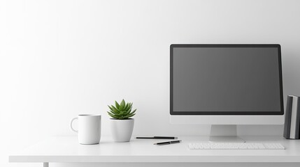 Minimalist Desktop Scene with Monitor and Plant