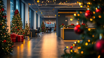 Modern office space is decorated for the holidays with christmas trees, lights, and festive cheer