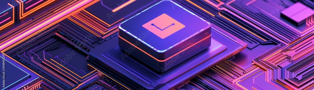 Poster close-up view of a computer chip with vibrant circuitry, showcasing advanced technology design.