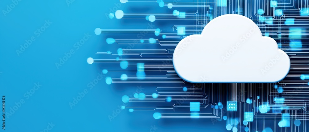 Poster cloud computing concept with digital data streams against a blue background.