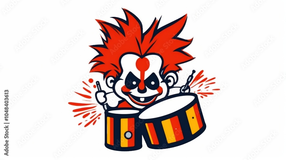 Wall mural Cartoon clown with red hair energetically playing the drums.