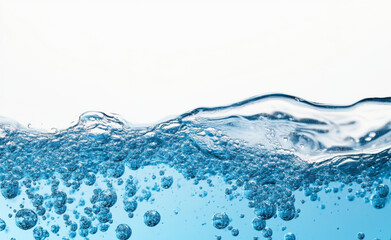 Fresh water bubbles rise in clear blue liquid, creating serene and calming atmosphere. gentle waves and sparkling bubbles evoke sense of tranquility and purity