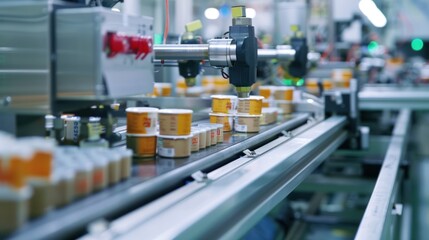 Automated Production Line with Metal Cans Moving on a Conveyor Belt