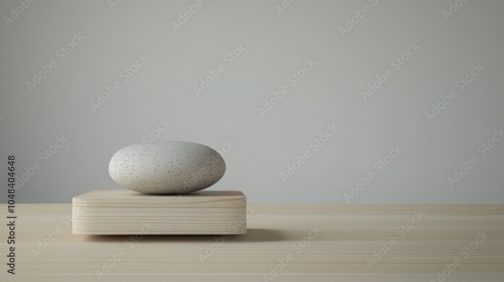 Poster smooth stone on wooden block in minimalist setting