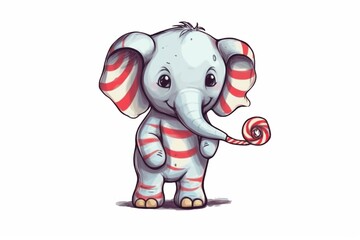 Fototapeta premium Adorable cartoon elephant with red and white striped ears and trunk against a white background.