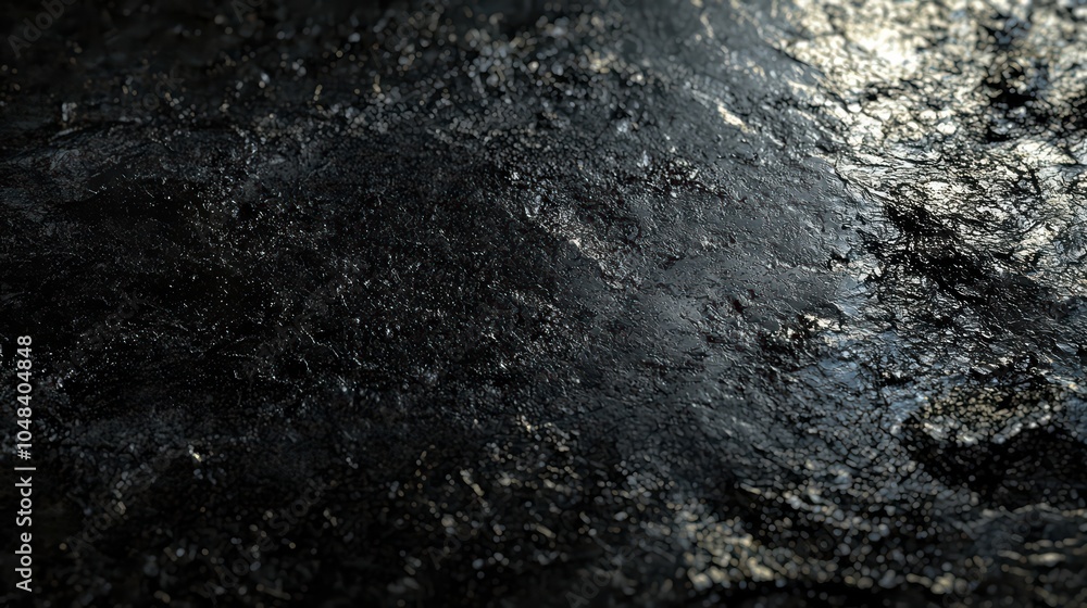 Poster detailed texture of a dark, shiny surface with intricate patterns and reflections.