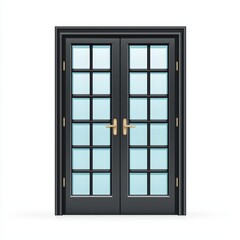Elegant black double doors with glass panels, on white isolate background.