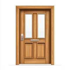 Elegant wooden door with glass panels, perfect for home entrance, isolated on white background.