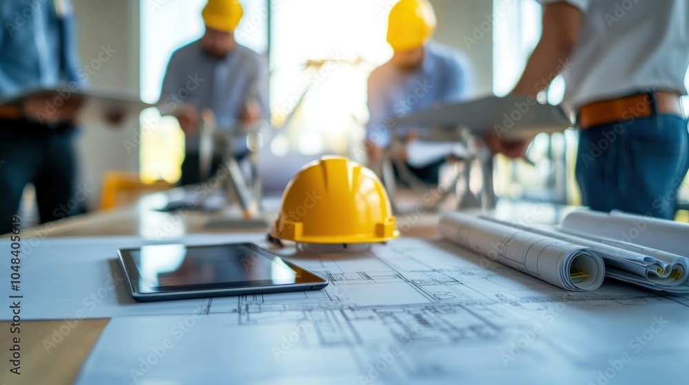 Poster yellow hardhat, rolled blueprints, and tablet on a table with blurred figures in the background