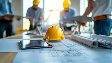 Yellow Hardhat, Rolled Blueprints, and Tablet on a Table with Blurred Figures in the Background