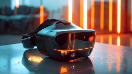 Fototapeta premium Futuristic Virtual Reality Headset with Glowing Orange Lights
