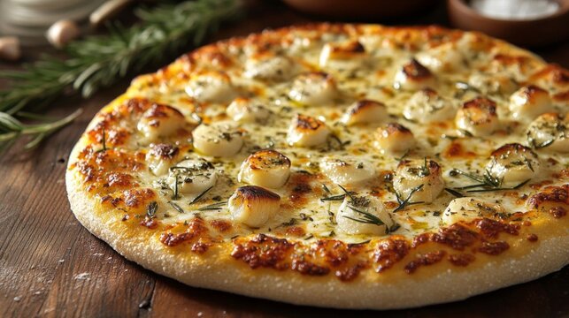 Freshly baked pizza bianca with herbs.