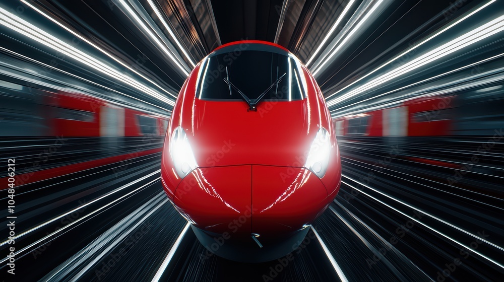 Poster futuristic red train speeding through a subway tunnel with motion blur effects.