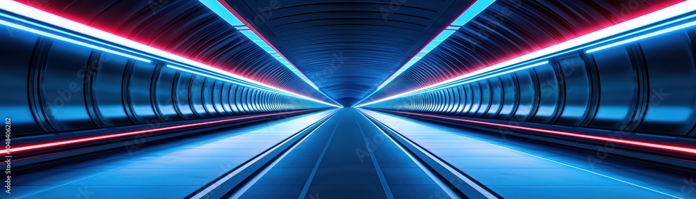 Poster futuristic tunnel with blue and red neon lights, creating a dynamic and immersive atmosphere.