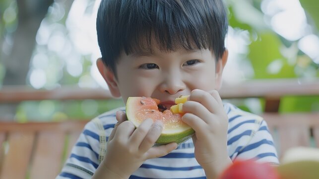 Cute Boy Eating Fruit - a delightful and cheerful visual. The boy’s joyful expression and colorful fruit create a lively and heartwarming scene.