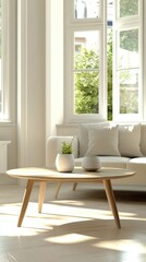 Fototapeta premium Modern minimalist living room with sculptural furniture and large windows, concept of sophistication