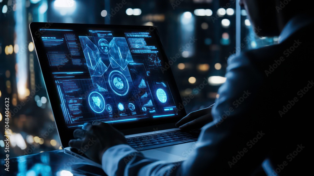 Aufkleber A person working on a laptop with a futuristic interface, showing data and graphs, in front of a city at night.