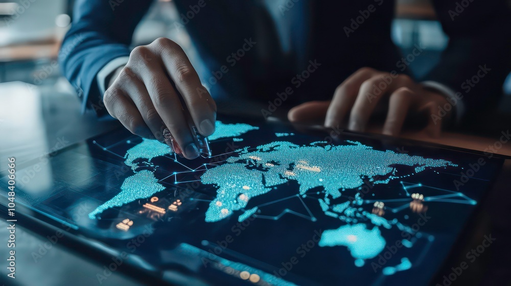 Poster A businessman uses a stylus pen to interact with a digital map on a tablet, analyzing data and connections across the globe.