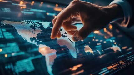 A hand points to a location on an interactive world map, highlighting the concept of global connectivity and data visualization.