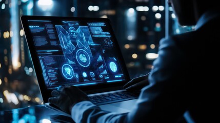 A person working on a laptop with a futuristic interface, showing data and graphs, in front of a city at night.
