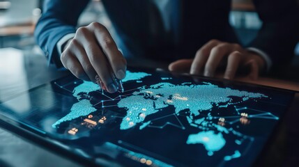 A businessman uses a stylus pen to interact with a digital map on a tablet, analyzing data and connections across the globe.