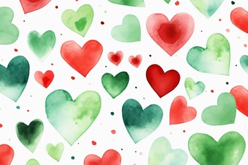 Watercolor red and green hearts pattern background
