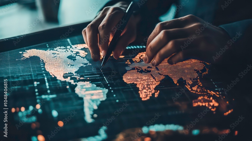 Aufkleber close-up of a person's hands pointing at a digital world map with a pen, representing global busines