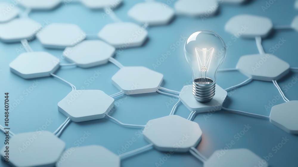 Fototapete A light bulb glowing on a network of hexagonal platforms, representing a new idea or innovation.