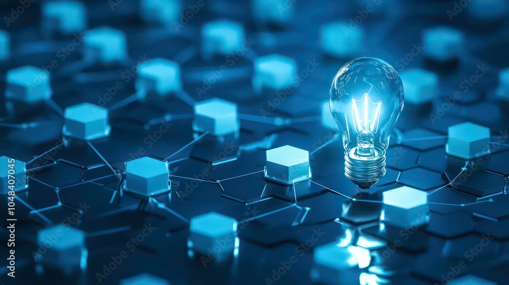 Poster a glowing light bulb stands out on a grid of connected blue hexagons, representing a new idea or inn