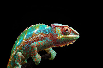 Fototapeta premium Colorful chameleon perched on branch, showcasing vibrant scales and intricate patterns against black background. This stunning reptile captures attention with its unique appearance and vivid colors