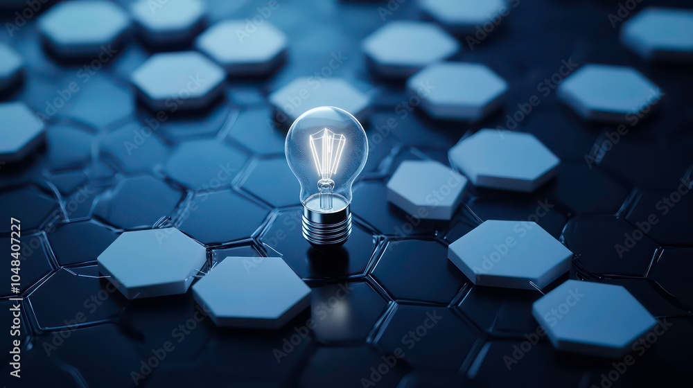 Aufkleber A single glowing light bulb stands out against a background of hexagonal shapes, representing a unique idea or solution.