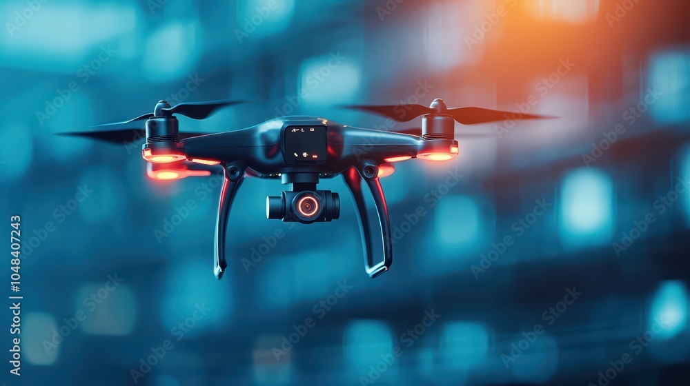 Poster high-tech drone flying with illuminated lights in a dynamic urban environment.
