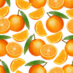 Watercolor Seamless pattern of oranges, tangerines, halves and slices On a white background. Ingredient for juice, mulled wine, recipes, jam, preserves, compotes. Printing typography, textiles