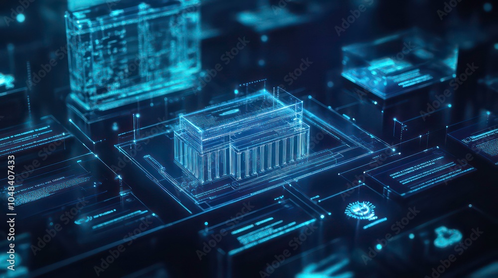 Poster a 3d rendering of a futuristic city with a focus on a digital building.