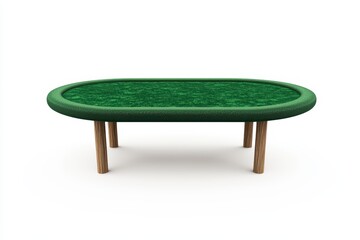 Modern green poker table with wooden legs, isolated on a white background.