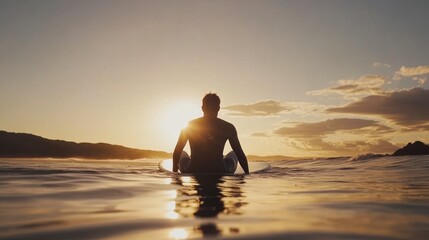 Silhouette of a Surfer Sitting on a Surfboard at Sunset