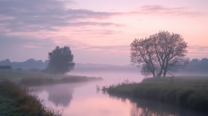 A calming pink sky at sunrise with misty clouds gently drifting across, creating a soft, tranquil atmosphere