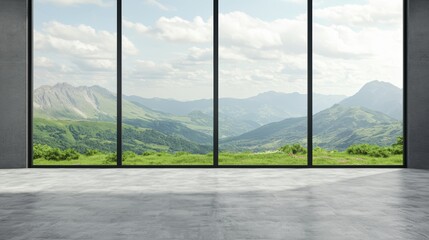 Naklejka premium Breathtaking mountain view through large glass windows in a modern interior space surrounded by nature's beauty