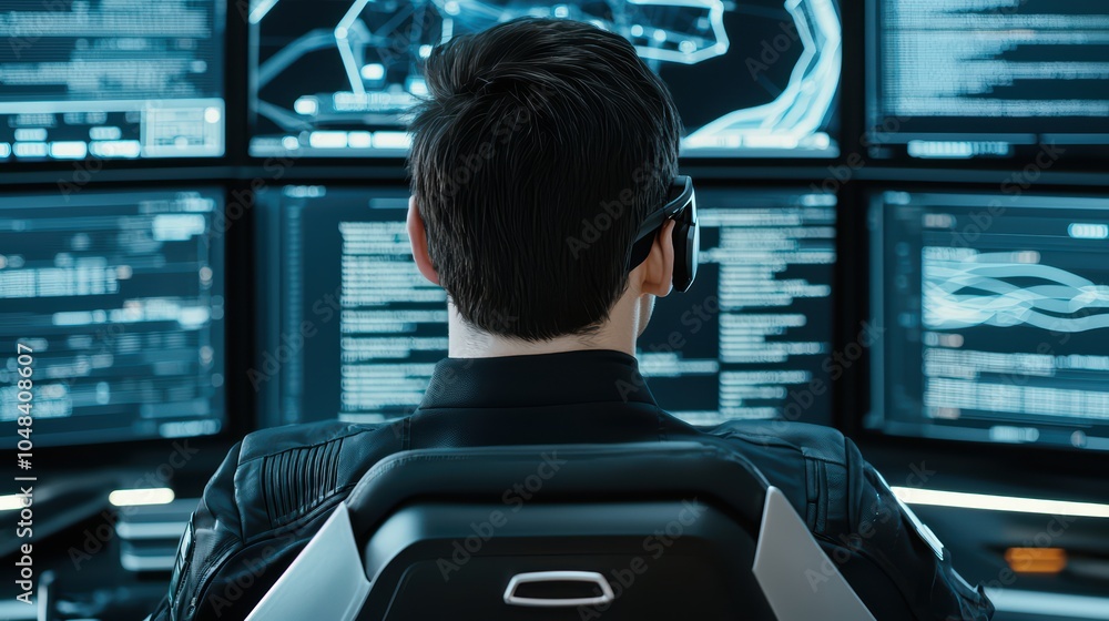 Poster person sitting in front of multiple computer screens displaying data and graphics, high-tech environ