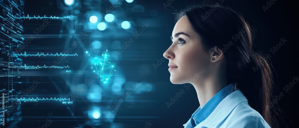 Poster profile of a woman scientist examining data with a futuristic interface, emphasizing technology and 