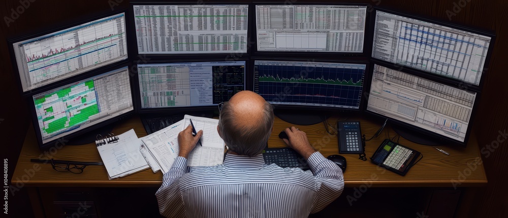 Aufkleber professional trader analyzing market trends on multiple screens in a modern office environment.