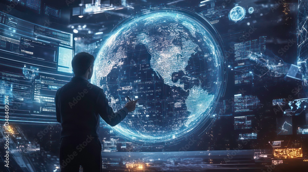 Aufkleber A businessman standing in front of a large digital screen with a holographic earth globe and data visualizations.