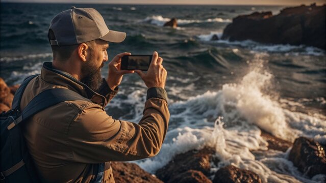 Tourist man capturing ocean waves with smartphone on rocky coastline - Powered by Adobe