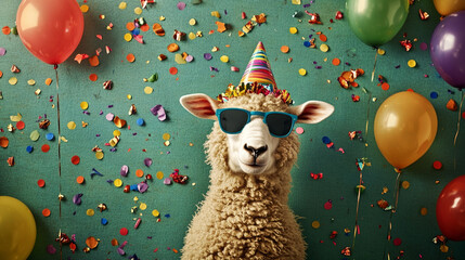 Party animal!  Colorful photo of funny, happy sheep on green aqua background. Balloons, confetti, happy mood. Birthday / New Year celebration horizontal banner.