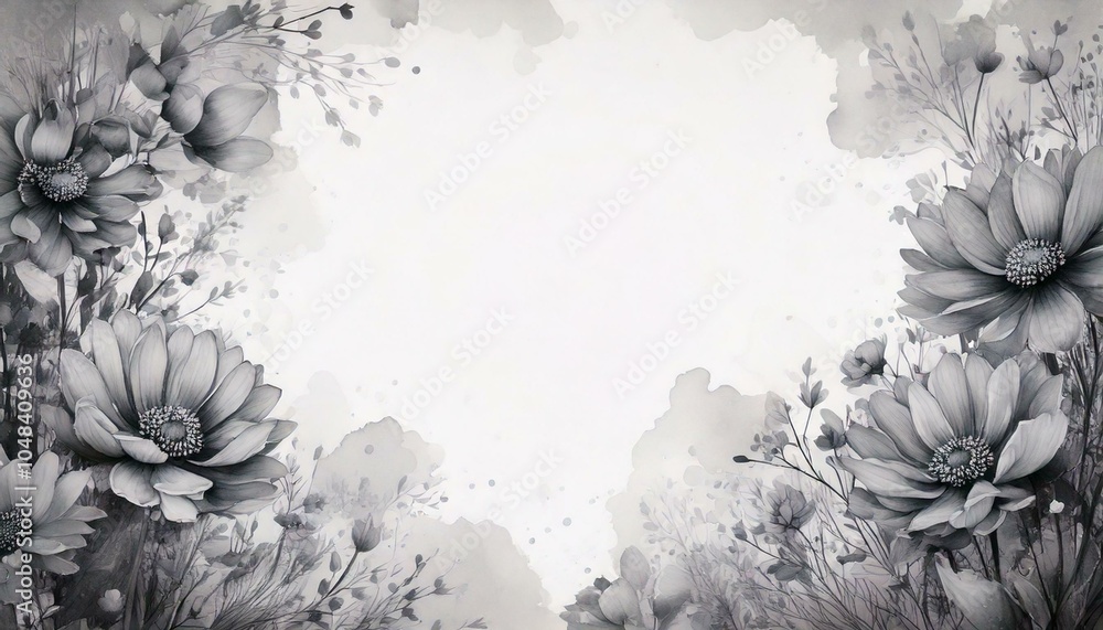 Poster watercolor background with gray flowers with empty copy space in the middle