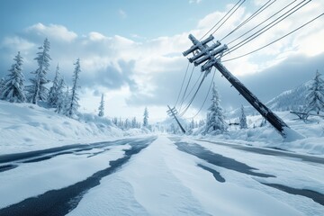 Snow-covered road with leaning power poles under a cloudy winter sky.