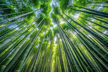 Towering bamboo trees in dense forest, wide-angle view