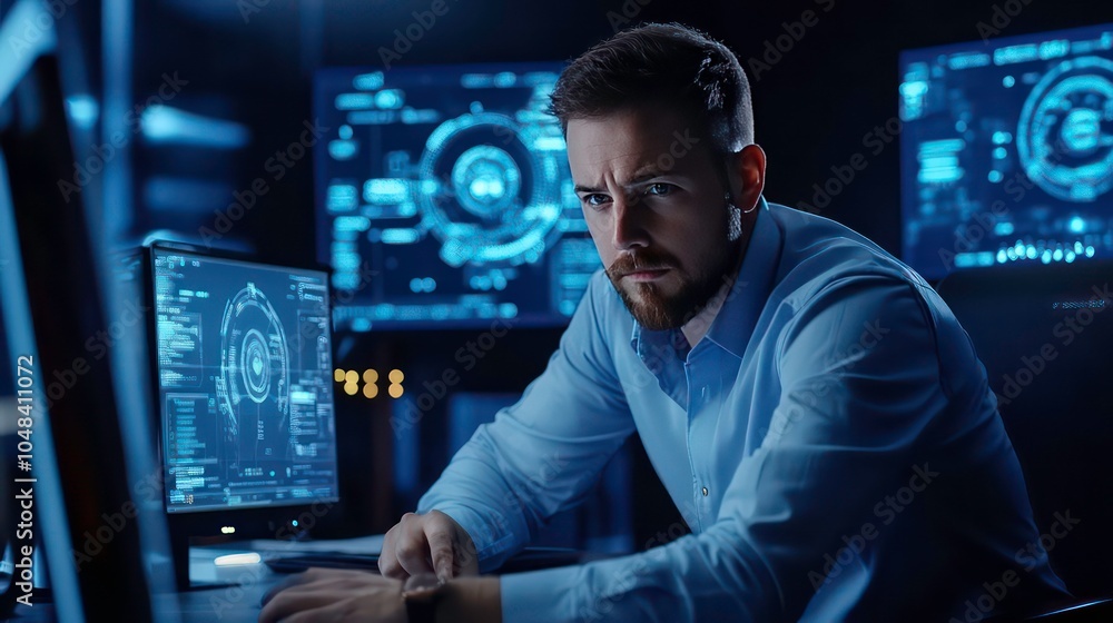 Aufkleber A focused programmer works at his desk, analyzing data on multiple monitors.