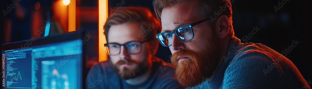 Poster two focused men working on computer programming in a dimly lit office.