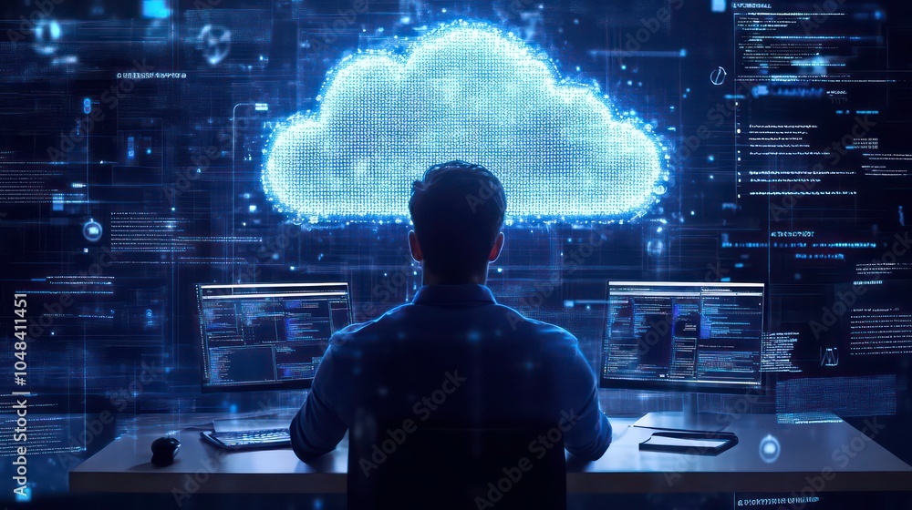 Poster a programmer sits at a desk with two monitors, working on a project related to cloud computing, with